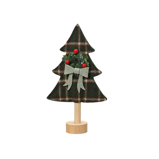Green Tartan Fabric Christmas Tree with Wreath on Stand Oranament
