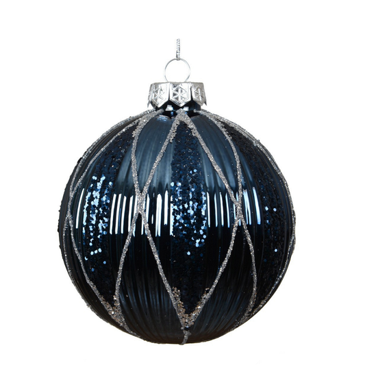 Gloss Navy Ribbed with Glitter Lines Glass Bauble