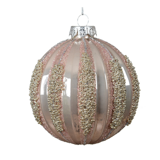 Gloss Blush with Beaded Glitter Strips Glass Bauble