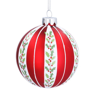 Matt Red & White With Holly Glass Bauble