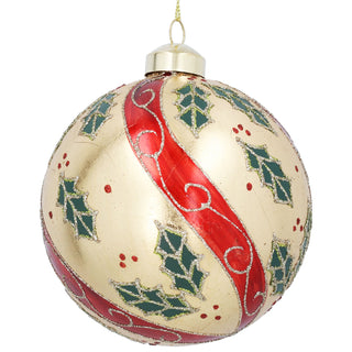 Gold with Red Swirls & Holly Glass Bauble 10cm
