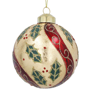 Gold with Red Swirls & Holly Glass Bauble 8cm