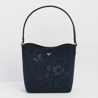 Margot Floral Applique Bucket Bag in Navy Suedette