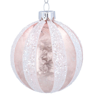 Frosted Pink with White Glitter Stripes Glass Bauble