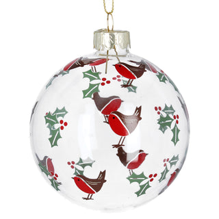 Transparent Robins & Holly Glass Bauble
