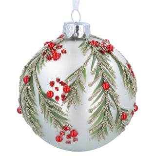 White with Red Berry Sprays Glass Bauble