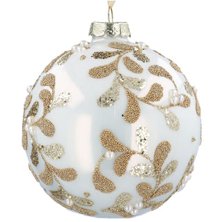 Cream Pearl with Gold Beaded Vines Glass Bauble