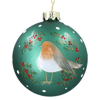 Green Robin with Berry Sprigs Glass Bauble