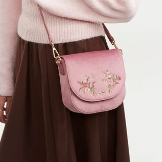 Beth Floral Posy Embroidered Saddle Bag in Rose Pink Velvet