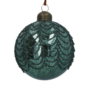 Antique Teal Beaded Swirls Glass Bauble 10cm
