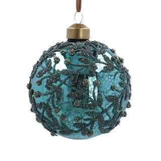 Antique Teal Beaded Leaves Trellis Glass Bauble 8cm