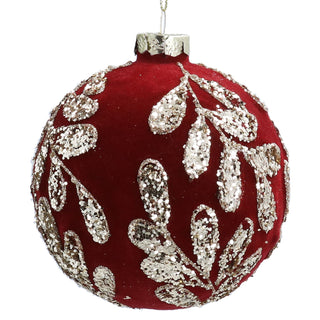 Burgundy Flock Gold Vines Glass Bauble