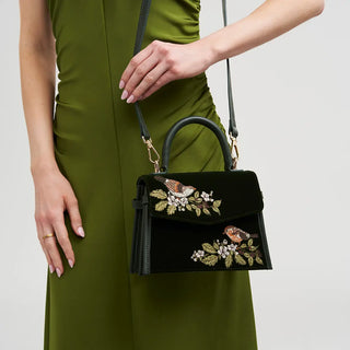 Eliza Wren Embroidered Top Handle Bag in Green Velvet