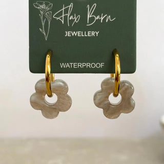 Tarnish Resistant Grey Glass Bead Flower Huggies