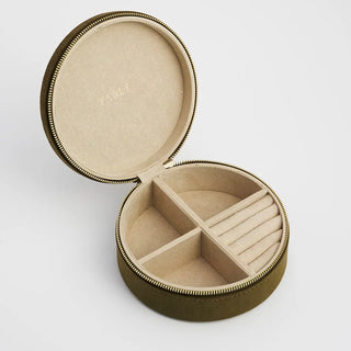 Hedgehog Embroidered Round Jewellery Box in Khaki Suedette