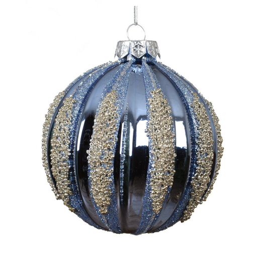 Sky Blue with Beaded Stripes Glass Bauble
