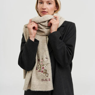 Eve Floral Embroidered Kntted Scarf in Oat Marl