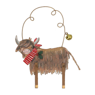 Wood Highland Cow with Scarf Wire Tree Decoration