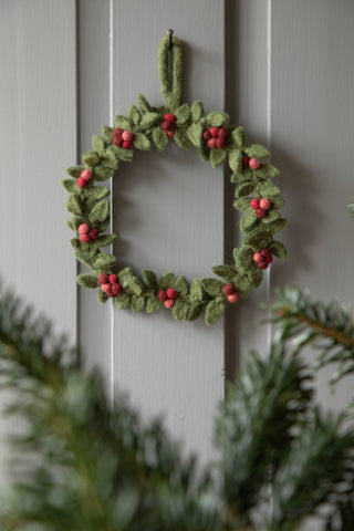 Felt Small Green Wreath with Red Berries and Hanger