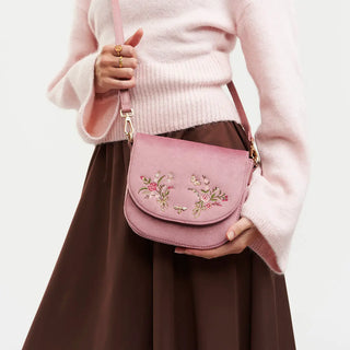 Beth Floral Posy Embroidered Saddle Bag in Rose Pink Velvet