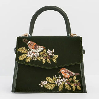 Eliza Wren Embroidered Top Handle Bag in Green Velvet