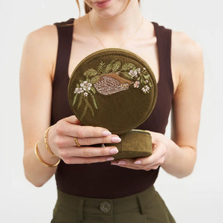 Hedgehog Embroidered Round Jewellery Box in Khaki Suedette