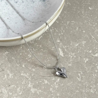 Tarnish Resistant Puffed Heart Drop Necklace