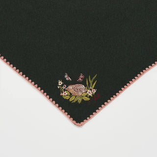 Hedgehog Embroidered Knitted Triangle Scarf in Forest Green