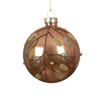 Gloss Caramel Brown Glitter Branch with Mixed Glitter Leaves Bauble