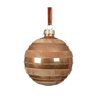 Gloss Caramel Brown Horizontal Flocked Stripes Bauble