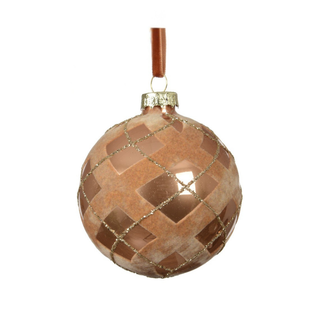 Gloss Caramel Brown Flocked Swirled Diamond Stripes Bauble