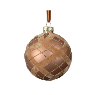 Matt Caramel Brown Flocked Swirled Diamond Stripes Bauble