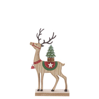Wooden Reindeer With Tree Natural 25cm