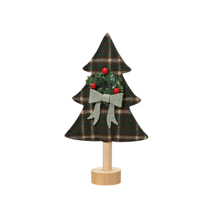 Green Tartan Fabric Christmas Tree with Wreath on Stand Oranament