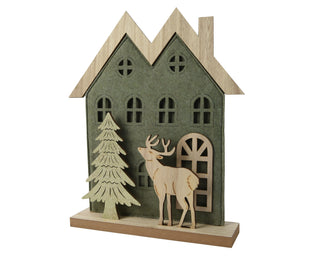 Green Felt Wood Block House with Tree and Reindeer Ornament