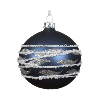 Matt Navy Bauble With White Beaded Lines & Silver Dashes Bauble