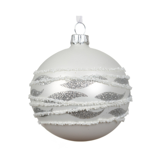 Matt White Bauble With White Beaded Lines & Silver Dashes Bauble