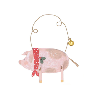 Pig with Scarf Wooden Tree Decoration 9cm