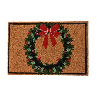 Red Bow Christmas Wreath Coir Doormat