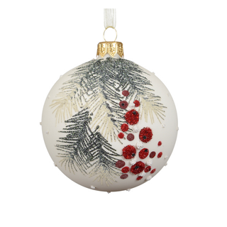 Matt White with Glitter Branch & Berries Glass Bauble