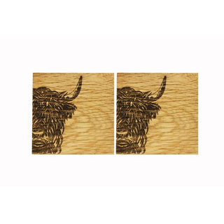 Etched Highland Cow Oak Coasters - Set of 2