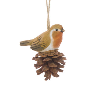 Wooden Robin On Pinecone Tree Decoration