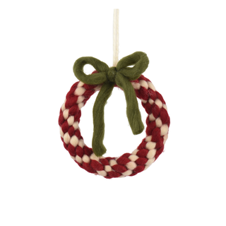 Red & White Wool Wreath with Green Bow Tree Decoration