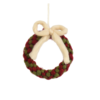 Red & Green Wool Wreath with White Bow Tree Decoration