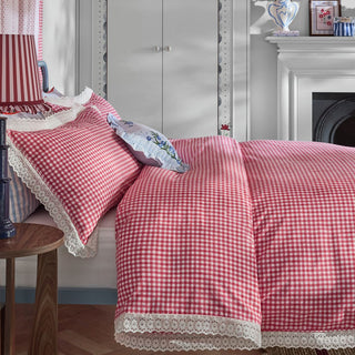 Painted Gingham Lace Single Duvet Set Red