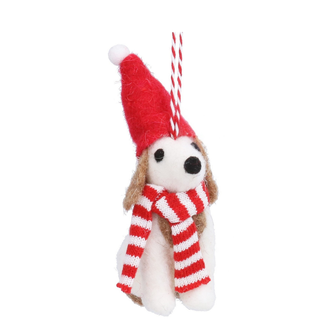 White Wool Dog with Santa Hat Tree Decoration
