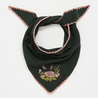 Hedgehog Embroidered Knitted Triangle Scarf in Forest Green
