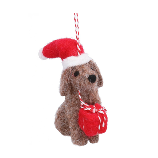 Brown Wool Dog with Santa Hat Tree Decoration