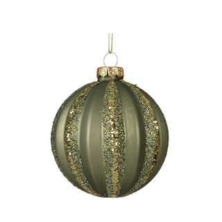 Matt Olive with Gold Glitter Lines Glass Bauble