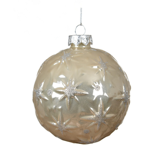 Gloss Pearl with Silver Glitter Stars Glass Bauble